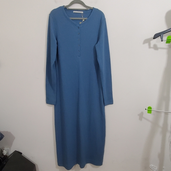 Peruvian Connection Waffle Henley Maxi Dress Steel Blue Casual NWT Size Large - Picture 10 of 10